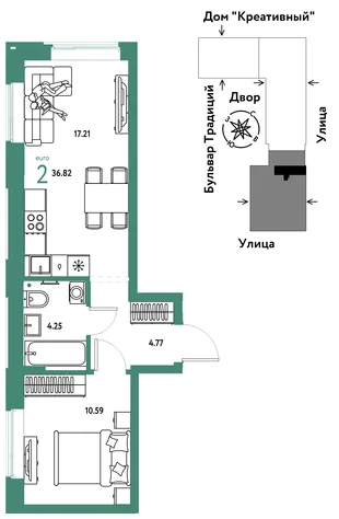 Планировка 2-комн. квартира, 36.82 м² ЖК «Микрорайон Домашний»