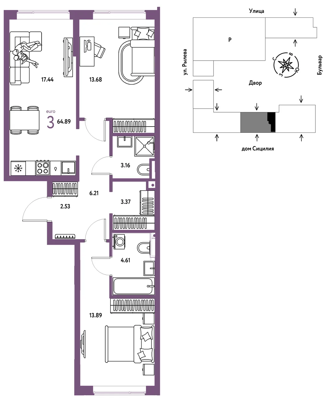Планировка 3-комн. квартира, 64.89 м² ЖК «Остров-сад»