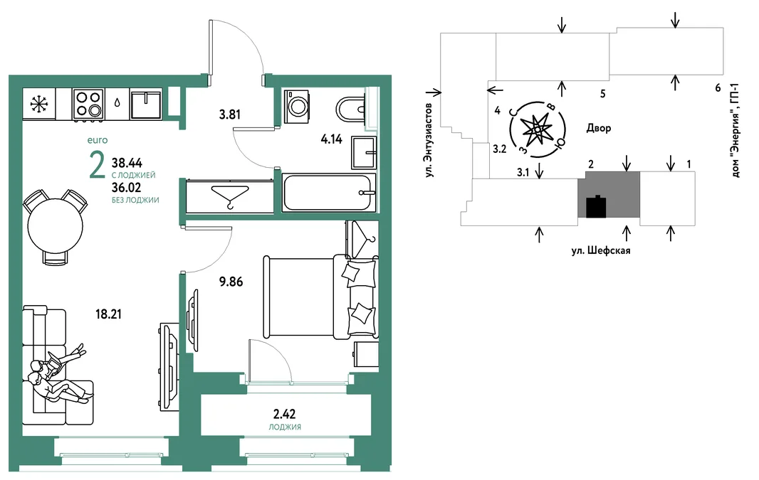 Планировка 2-комн. квартира, 38.44 м² ЖК «Страна.Энтузиастов»