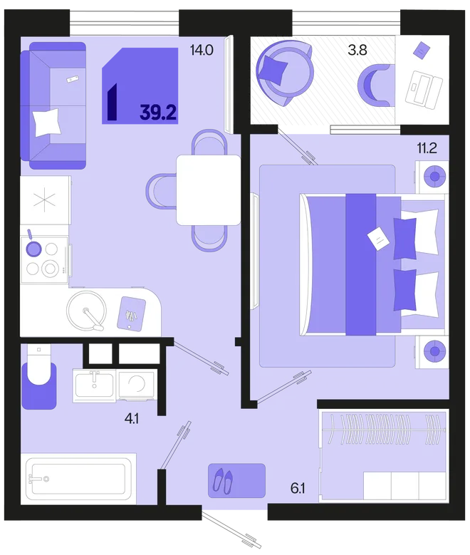 Планировка 1-комн. квартира, 39.2 м² ЖК «Первое место» Планировка 1-комн. квартира, 39.2 м² ЖК «Первое место»
