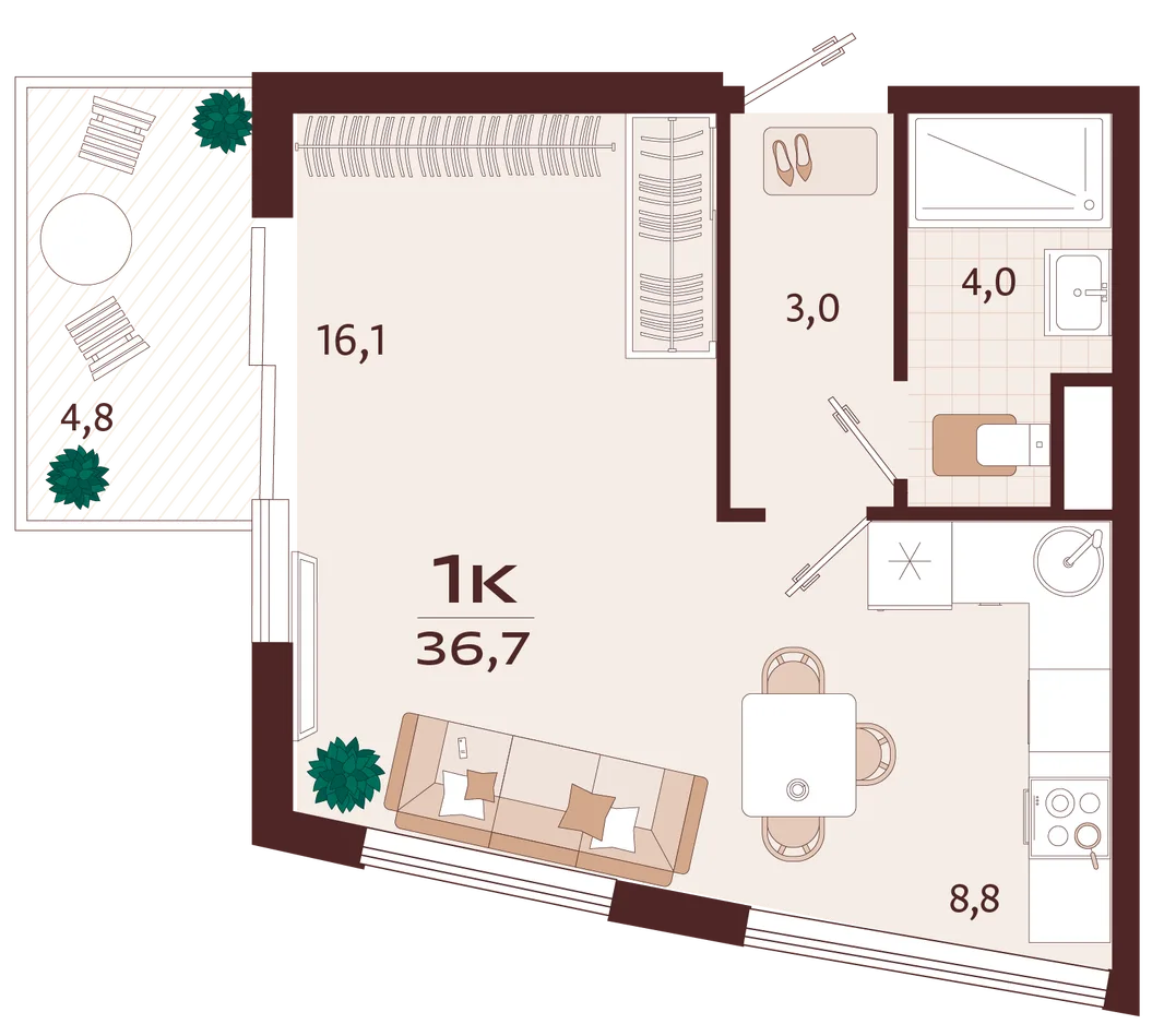 Планировка 1-комн. квартира, 36.7 м² ЖК «Роялта»
