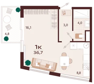 Планировка 1-комн. квартира, 36.7 м² ЖК «Роялта»
