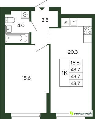 Планировка 1-комн. квартира, 43.7 м² ЖК «Парковый квартал 2.0»