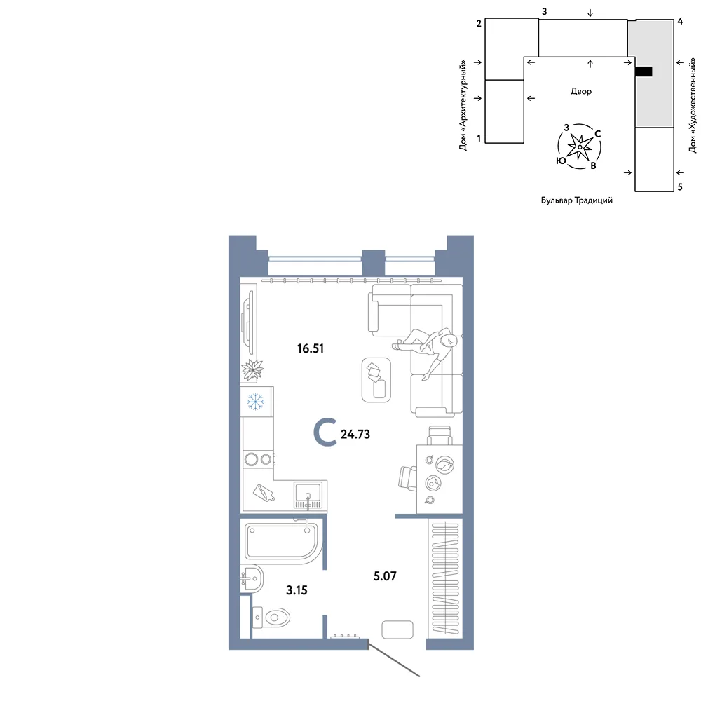 Планировка Студия, 24.73 м² ЖК «Микрорайон Домашний»