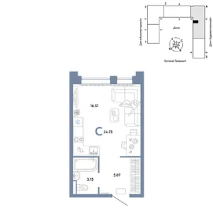 Планировка Студия, 24.73 м² ЖК «Микрорайон Домашний»