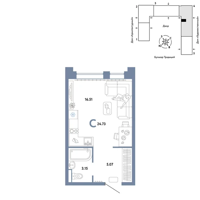 Планировка Студия, 24.73 м² ЖК «Микрорайон Домашний» Планировка Студия, 24.73 м² ЖК «Микрорайон Домашний»