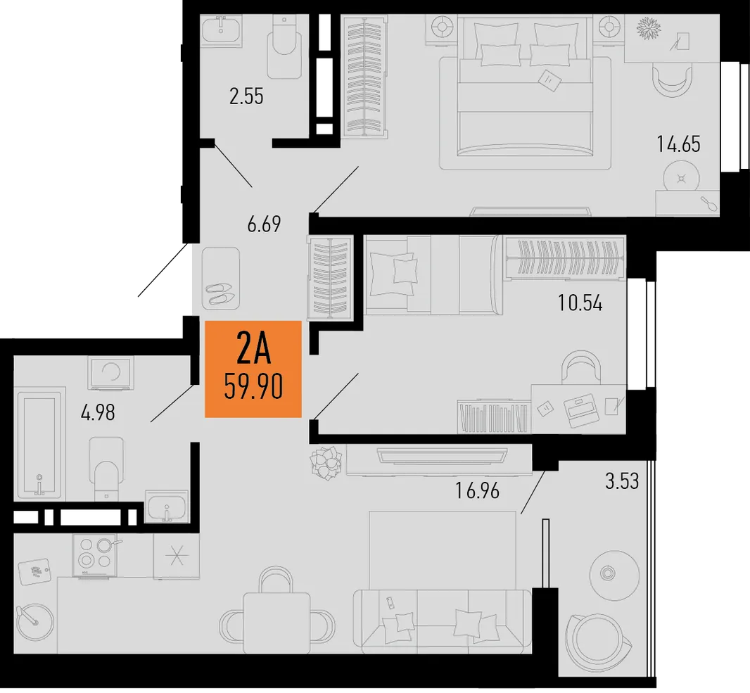 Планировка 2-комн. квартира, 59.9 м² ЖК «Столицыно»