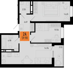Планировка 2-комн. квартира, 59.9 м² ЖК «Столицыно»