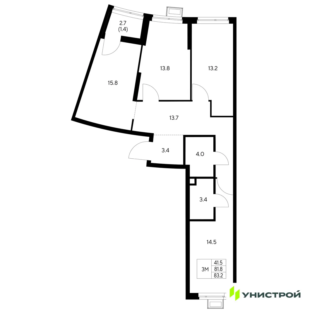 Планировка 3-комн. квартира, 83.2 м² ЖК «Стадиум»