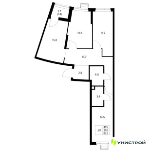 Планировка 3-комн. квартира, 83.2 м² ЖК «Стадиум»