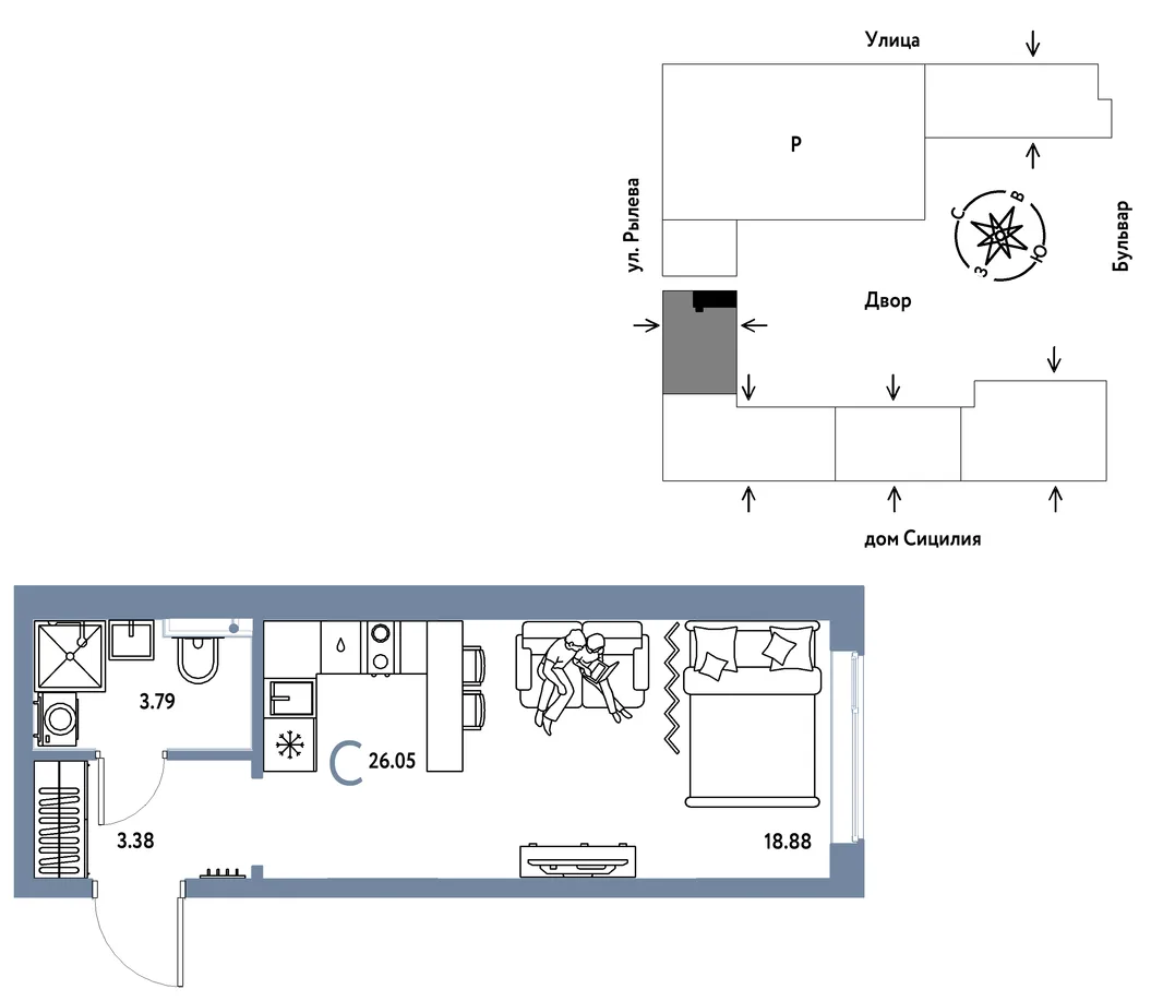 Планировка Студия, 26.05 м² ЖК «Остров-сад»