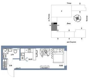 Планировка Студия, 26.05 м² ЖК «Остров-сад»