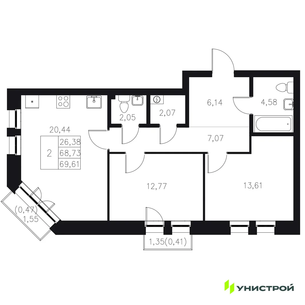 Планировка 2-комн. квартира, 69.61 м² ЖК «Statum»