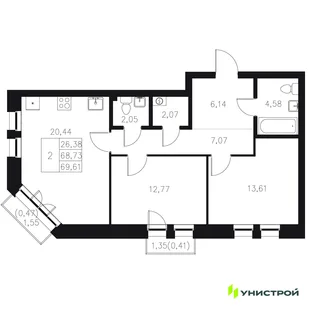 Планировка 2-комн. квартира, 69.61 м² ЖК «Statum»