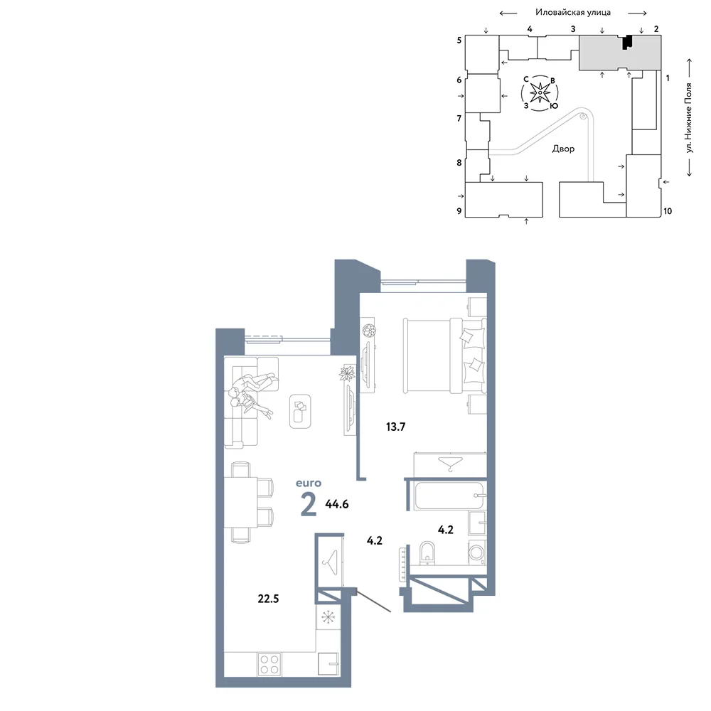 Планировка 2-комн. квартира, 44.6 м² ЖК «Страна.Заречная»