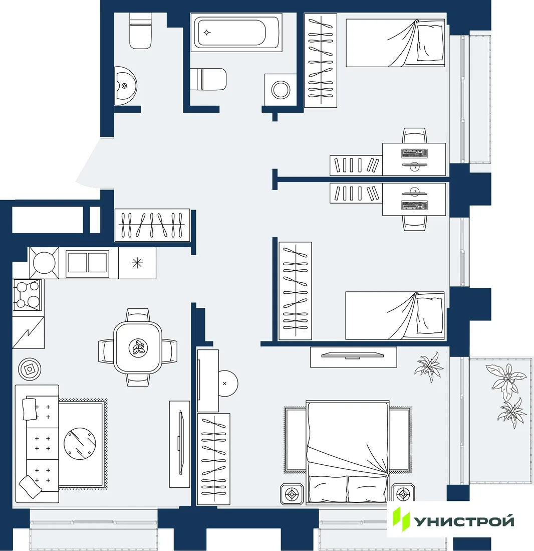 Планировка 3-комн. квартира, 65.67 м² ЖК «ГРАНД БЕРЕГ»