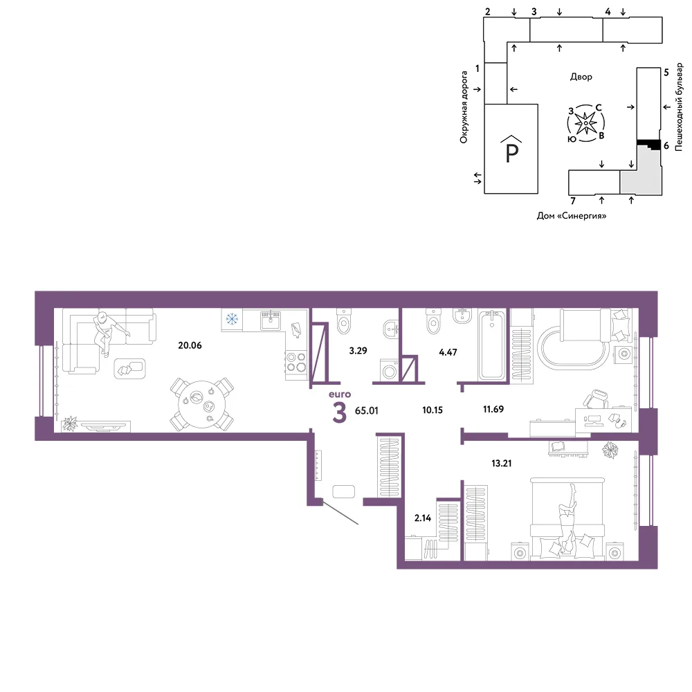Планировка 3-комн. квартира, 65.01 м² ЖК «Юнион»