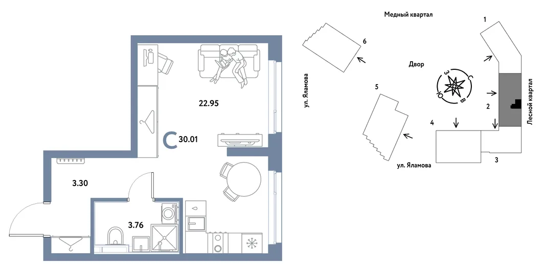 Планировка Студия, 30.01 м² ЖК «Сибирский сад»