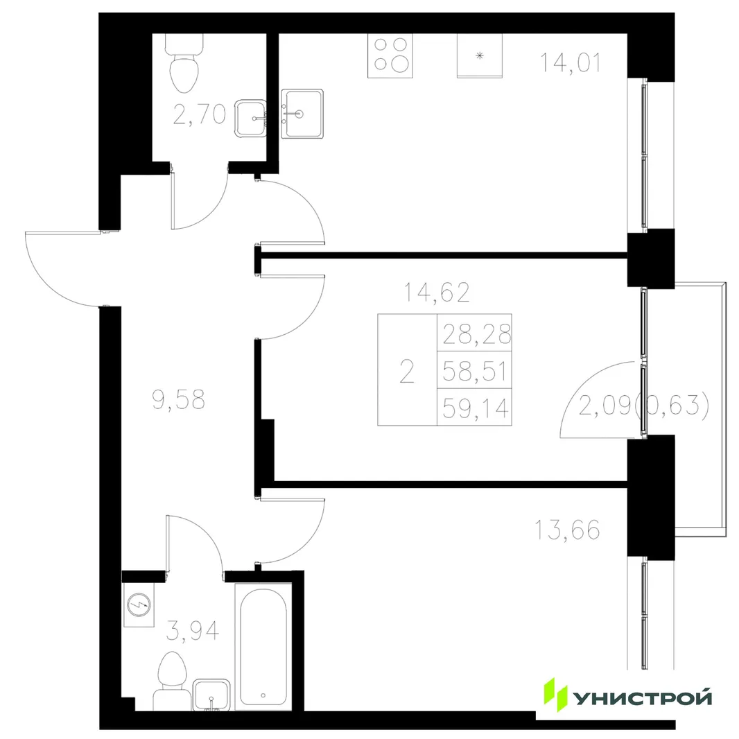Планировка 2-комн. квартира, 59.14 м² ЖК «Statum»