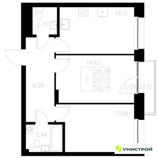 Планировка 2-комн. квартира, 59.14 м² ЖК «Statum»