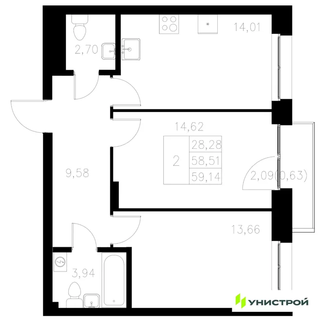 Планировка 2-комн. квартира, 59.14 м² ЖК «Statum»