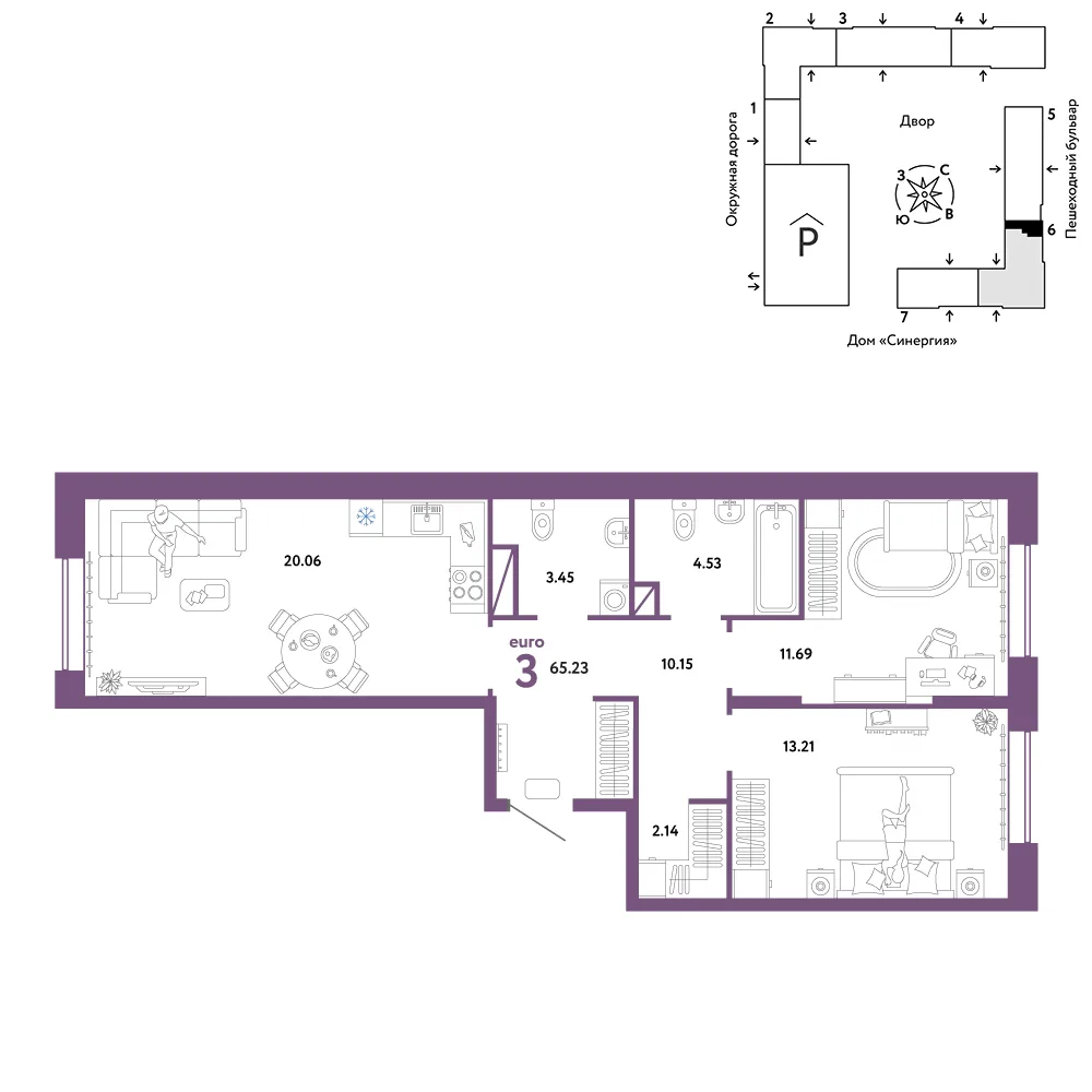 Планировка 3-комн. квартира, 65.23 м² ЖК «Юнион»