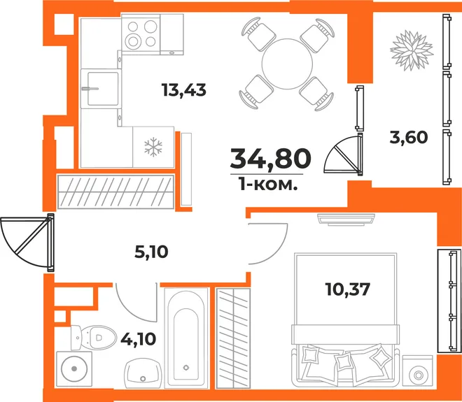 Планировка 1-комн. квартира, 34.8 м² ЖК «Живописный сад» Планировка 1-комн. квартира, 34.8 м² ЖК «Живописный сад»