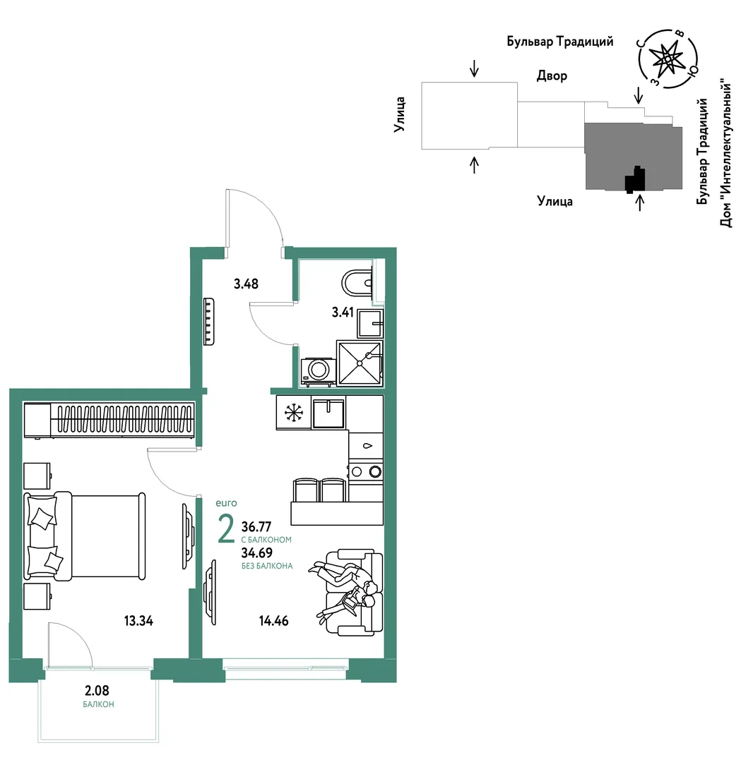 Планировка 2-комн. квартира, 36.77 м² ЖК «Микрорайон Домашний»