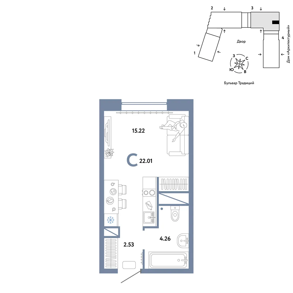 Планировка Студия, 22.01 м² ЖК «Микрорайон Домашний»