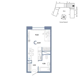 Планировка Студия, 22.01 м² ЖК «Микрорайон Домашний»