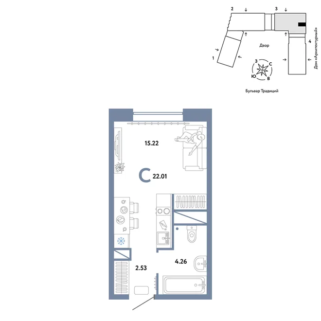 Планировка Студия, 22.01 м² ЖК «Микрорайон Домашний» Планировка Студия, 22.01 м² ЖК «Микрорайон Домашний»