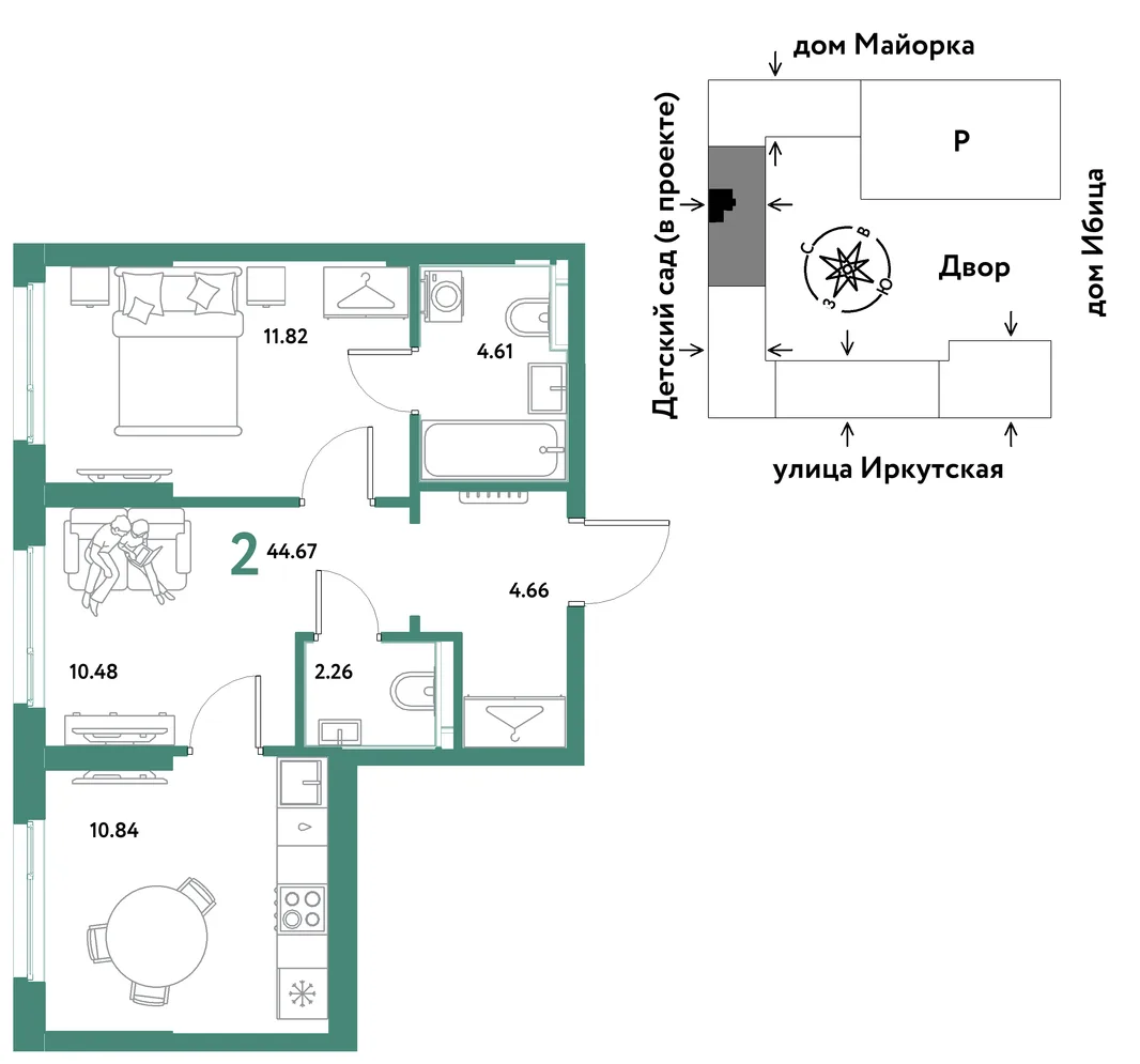Планировка 2-комн. квартира, 44.67 м² ЖК «Остров-сад»