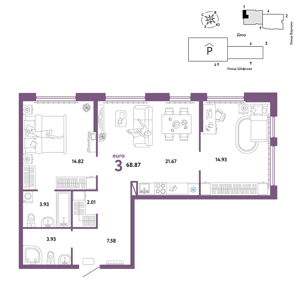 Планировка 3-комн. квартира, 68.87 м² ЖК «Страна.Энтузиастов»