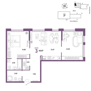 Планировка 3-комн. квартира, 68.87 м² ЖК «Страна.Энтузиастов»