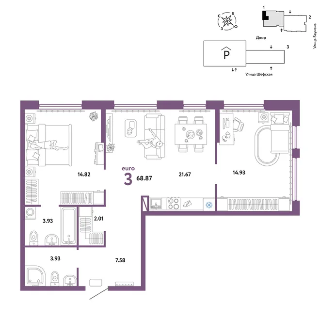 Планировка 3-комн. квартира, 68.87 м² ЖК «Страна.Энтузиастов» Планировка 3-комн. квартира, 68.87 м² ЖК «Страна.Энтузиастов»