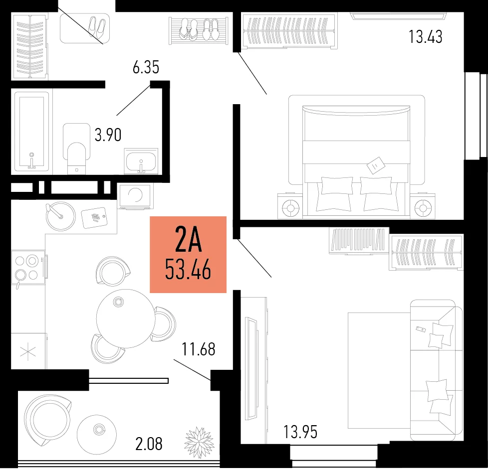 Планировка 2-комн. квартира, 53.46 м² ЖК «Столицыно»