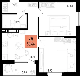 Планировка 2-комн. квартира, 53.46 м² ЖК «Столицыно»