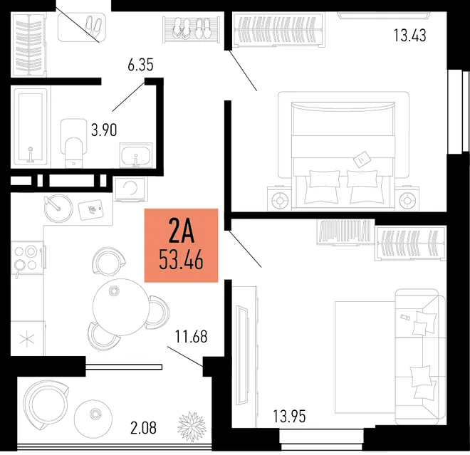 Планировка 2-комн. квартира, 53.46 м² ЖК «Столицыно» Планировка 2-комн. квартира, 53.46 м² ЖК «Столицыно»