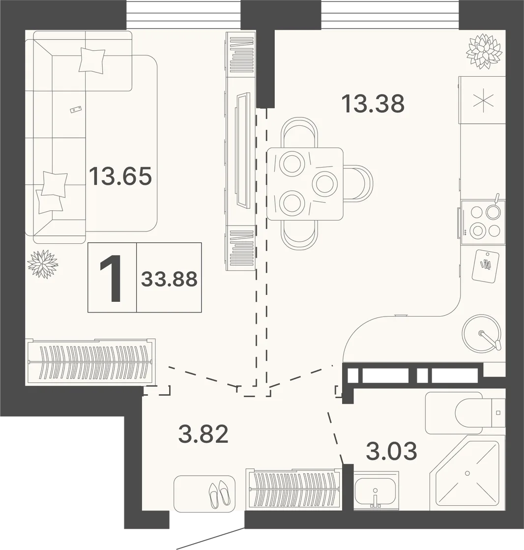 Планировка 1-комн. квартира, 33.88 м² ЖК «Светский лес»