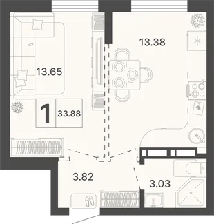 Планировка 1-комн. квартира, 33.88 м² ЖК «Светский лес»