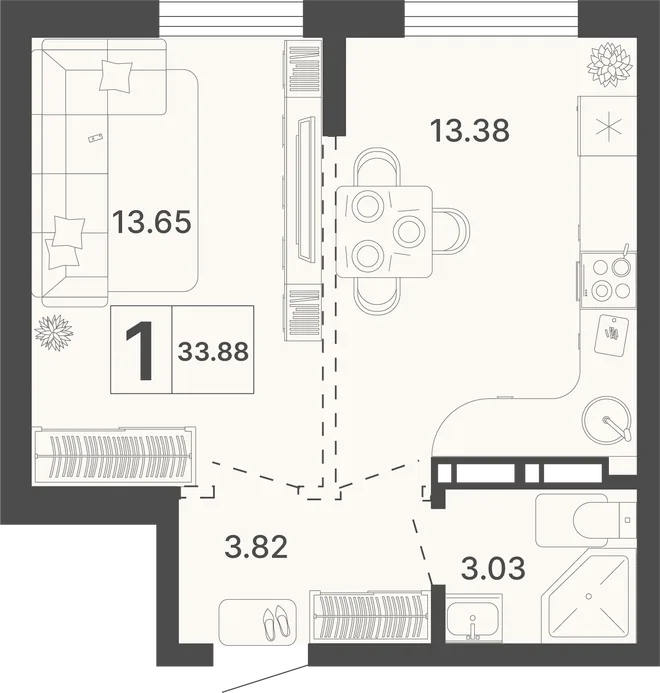 Планировка 1-комн. квартира, 33.88 м² ЖК «Светский лес»