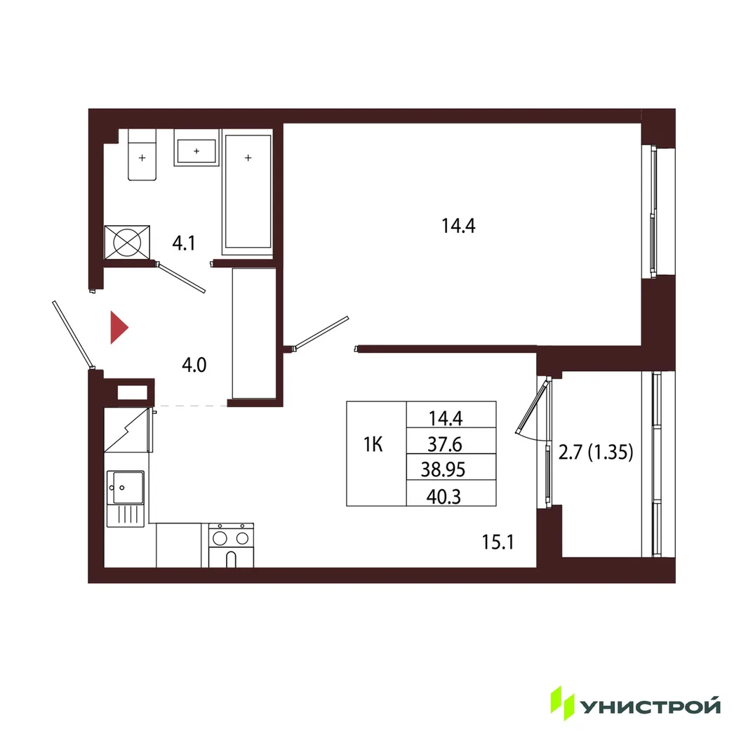 Планировка 1-комн. квартира, 38.95 м² ЖК «Лисино»