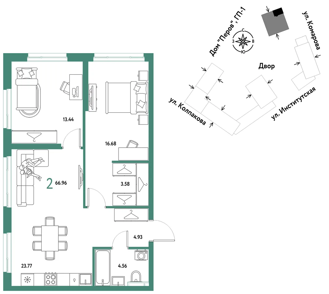Планировка 2-комн. квартира, 66.96 м² ЖК «Страна.Парковая»