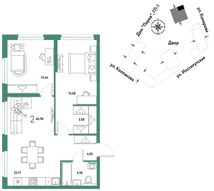 Планировка 2-комн. квартира, 66.96 м² ЖК «Страна.Парковая»