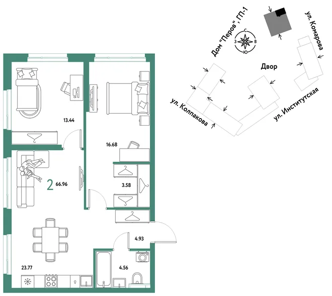 Планировка 2-комн. квартира, 66.96 м² ЖК «Страна.Парковая» Планировка 2-комн. квартира, 66.96 м² ЖК «Страна.Парковая»