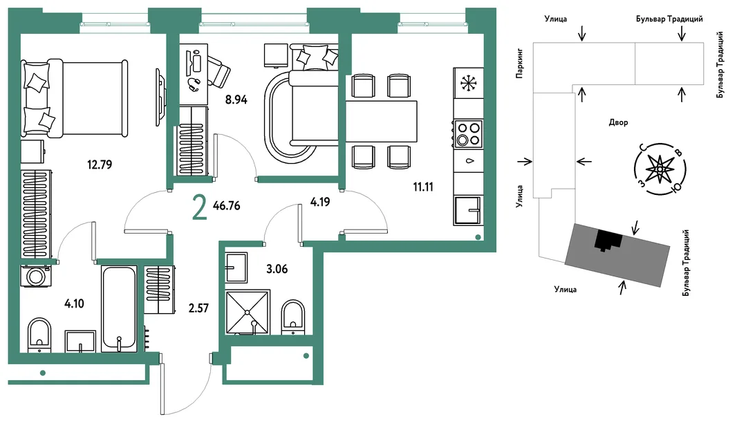 Планировка 2-комн. квартира, 46.76 м² ЖК «Микрорайон Домашний»
