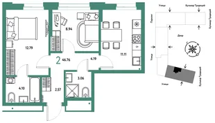 Планировка 2-комн. квартира, 46.76 м² ЖК «Микрорайон Домашний»