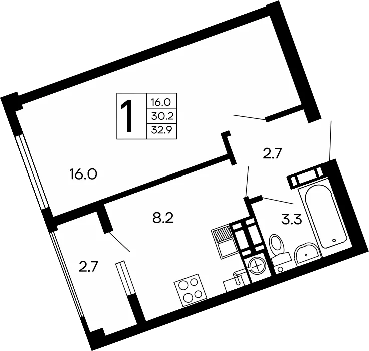 Планировка 1-комн. квартира, 32.9 м² ЖК «Семейный»