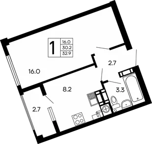 Планировка 1-комн. квартира, 32.9 м² ЖК «Семейный»