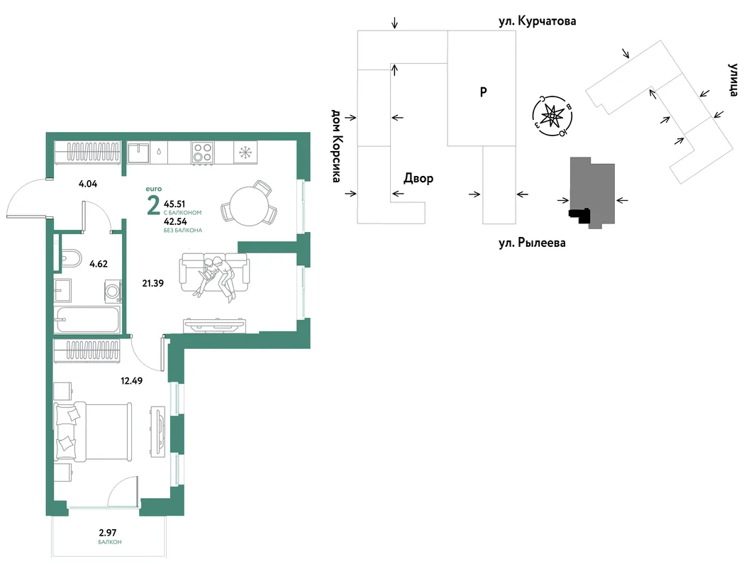 Планировка 2-комн. квартира, 45.51 м² ЖК «Остров-сад»